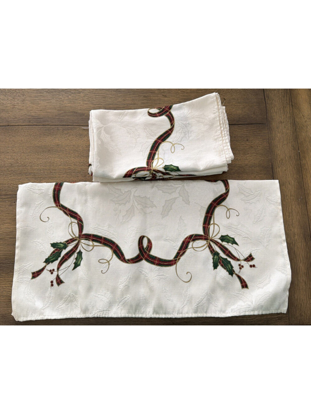 8 Lenox Christmas Holiday Nouveau Cloth Napkin Damask Plaid Ribbon 19” Square